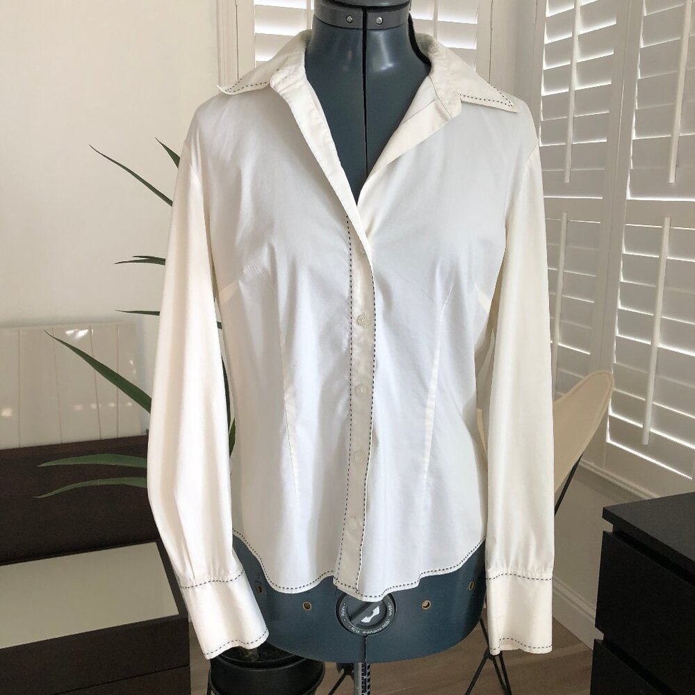 INC Stretch International Concepts Classic White Blouse, Blue Stitching, Size 8